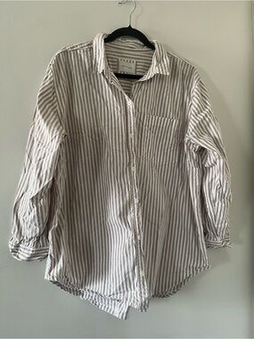 American Eagle Tan White Striped Cotton Button Up Shirt Large Preppy Coastal